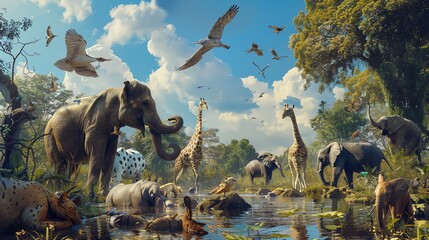 Amazing photo of a group of African animals gathered around a watering hole. The animals include...