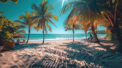 People relaxing on a tropical beach under palms.