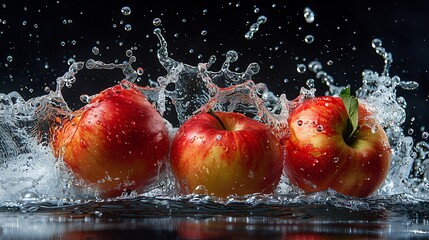 Three red apples with water splash on black background.