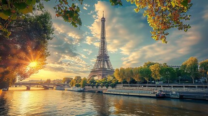 Fototapeta premium The Eiffel Tower is surrounded by lush greenery as it catches the warm glow of the setting sun, creating a perfect blend of nature's beauty and architectural elegance.