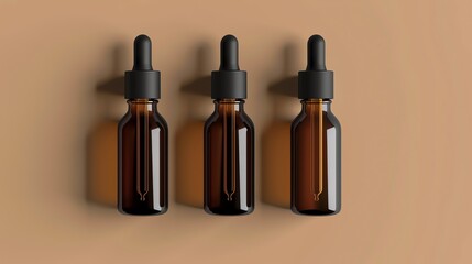Obraz premium Three amber glass dropper bottles with black caps on a beige background. The bottles are arranged in 