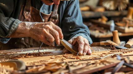 Carpenter at work. Senior craftsman carving wood in his workshop.