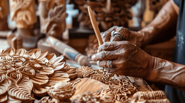 A close-up image of a skilled craftsman using a chisel to carve intricate designs into a piece of wood.