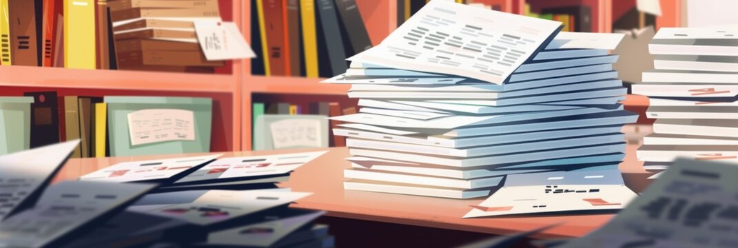 Serene library scene features a gray bookshelf with neatly arranged books in various sizes and colors. A stack of white papers rests atop the shelf, adding to the organized atmosphere.