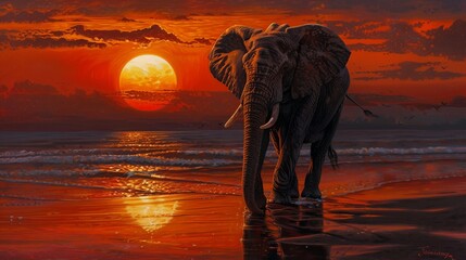 A majestic elephant is seen walking along the beach against the backdrop of a stunning sunset, with the vivid colors of the evening sky reflecting in the ocean water.