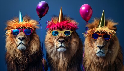 Funny party lion wearing colorful party hat and stylish sunglasses with pastel background
