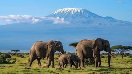 A herd of elephants is seen grazing with the magnificent Mount Kilimanjaro in the background, showcasing the harmonious coexistence of wildlife and natural landscapes.