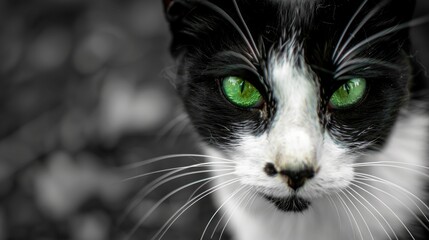 Black and white domestic cat with green eyes gazing at a camera
