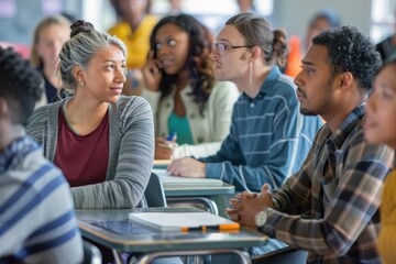 Diverse group of adults engaged in a lively discussion in a bright modern classroom setting