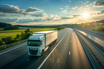 White Truck Driving on Highway at Sunset with Scenic Landscape