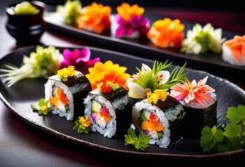 intricate sushi rolls adorned colorful edible flowers showcasing culinary artistry aesthetic presentation, design, gourmet, cuisine, delicacy, dish, food