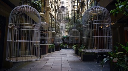 Ornate, large bird cages are suspended in an intriguing outdoor corridor, creating a visually striking and imaginative scene that combines urban charm with artistic elegance.