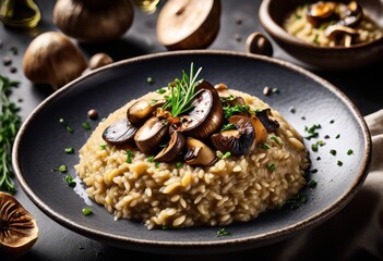 savory mushroom risotto served elegant bowl, gourmet, culinary, appetizing, delectable, delicious, tasty, flavorful, aromatic, visual, presentation