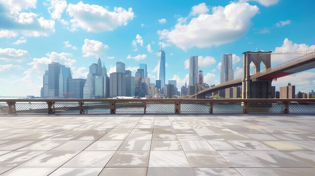 A bustling cityscape with a bright blue sky filled with clouds, featuring a prominent skyline of skyscrapers and a famous bridge crossing a calm body of water, ideal for urban settings.