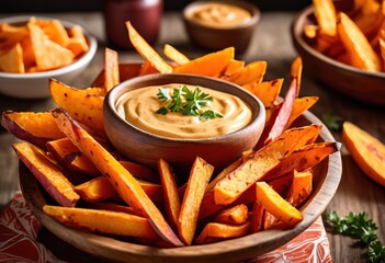 crispy sweet potato fries served dipping sauce rustic wooden bowl vibrant tablecloth, golden, delicious, snack, appetizer, side, dish, healthy, baked, fried