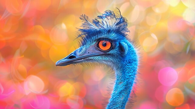 A vibrant and detailed close-up of an emu's face with bright blue feathers and an orange eye, captured with a bokeh background of colorful abstract shapes. - Powered by Adobe