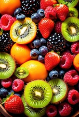 Obraz premium vibrant berry medley displayed bowl colorful arrangement fresh fruits natural textures, strawberry, blueberry, raspberry, blackberry, healthy, organic, sweet