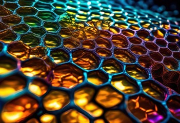 Obraz premium shiny honeycomb structure glistening hexagonal cells close view, rainbow, lgbtq, lgbt, pride, colorful, love, equality, pattern, geometric, arrangement