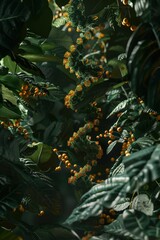 Fototapeta premium A dense, tropical jungle filled with lush greenery, wild orchids, and blueberries.