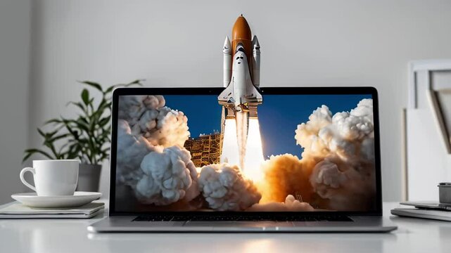 Rocket or space shuttle launching out from computer (laptop) with jet exhaust tail of fire and smoke white office interior. Business startup or website success launching