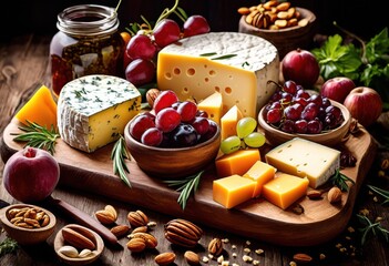 rustic cheese platter wooden board assorted gourmet ingredients food presentation, cheddar, grapes, crackers, appetizers, brie, olives, salami, nuts, figs