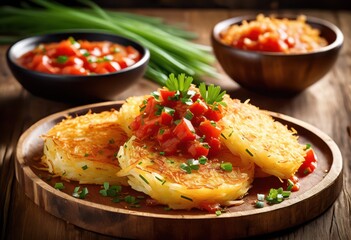 golden crispy hash browns served tomato sauce, breakfast, potatoes, fried, delicious, meal, savory, hot, tasty, crunchy, side, dish, brunch, condiment, ketchup, red