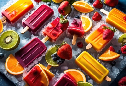 colorful homemade fruit popsicles ice tray ready freezing, fresh, vibrant, sliced, tasty, frozen, delicious, refreshing, juicy, sweet, artisanal, handcrafted,