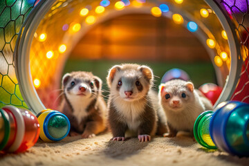 Three small furry animals are standing in a tunnel with colorful balls around them. Scene is playful and lighthearted