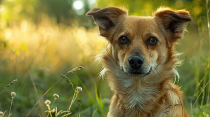 Adorable dog posing in front of a camera with nature backdrop on sunny day