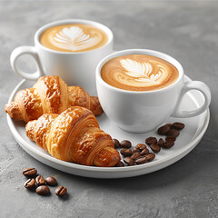 Coffee and Croissant Breakfast Setting on Floral Table and some coffee seeds. generated by AI