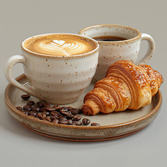 Coffee and Croissant Breakfast Setting on Floral Table and some coffee seeds. generated by AI