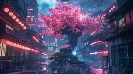 Obraz premium A vibrant night scene showcasing a blossoming cherry tree surrounded by illuminated city structures, reflecting in wet streets after rain, giving it an ethereal appearance.