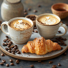 Coffee and Croissant Breakfast Setting on Floral Table and some coffee seeds. generated by AI