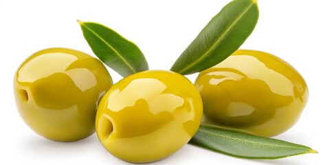 Three green olives with a leaf on top. The olives are shiny and look fresh. The leaf is green and adds a nice touch to the presentation