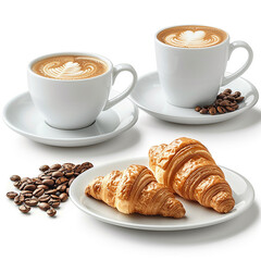 Coffee and Croissant Breakfast Setting on Floral Table and some coffee seeds. generated by AI