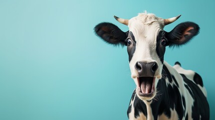 Shocked cow with opened mouth and big eyes expressing amazement over news, portrait on blue studio background with copy space, for funny promotion