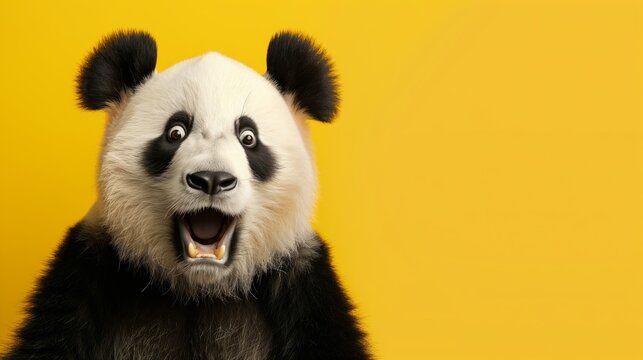 Cute shocked panda with opened mouth and big eyes, portrait on yellow studio background with copy space, for funny bright promotion