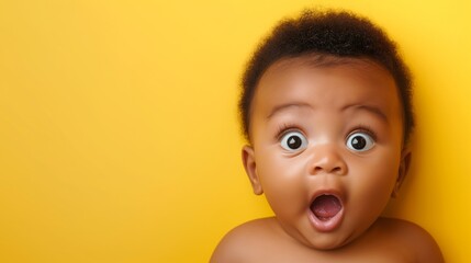 Funny black baby opening mouth in shock on yellow studio background with copy space, reacting to amazing offer or news