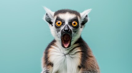 Portrait of funny shocked lemur with opened mouth and big eyes, expressing amazement on blue studio background with copy space