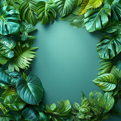 Green leaves creating a natural border on a plain teal colored background. AI