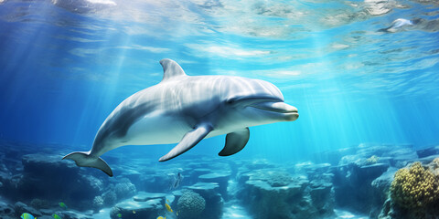 Obraz premium Dolphin swims underwater