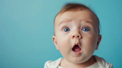 Adorable surprised baby reacting to amazing news, looking shocked over blue studio background with copy space