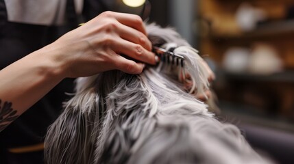 Naklejka premium Transformative grooming close up of hands and tools crafting a new, stylish fur appearance
