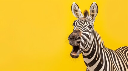 Funny shocked zebra with opened mouth and big eyes, portrait over yellow studio background with empty space, announcement of wow news