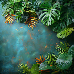 Green leaves creating a natural border on a plain teal colored background. AI