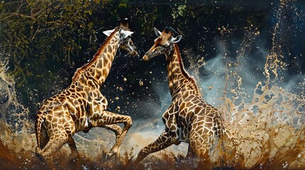 Obraz premium Two giraffes are depicted in an artistic fight scene with a splash effect against a dense forest background, illustrating the raw dynamics of their interaction in nature.