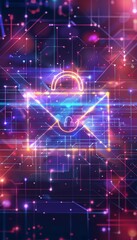 Fototapeta premium Neon lit cyber security concept encrypted email symbolized by padlock on digital network
