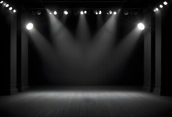 Dark empty theater stage with dark velvet curtains, empty seats, spotlights illuminating the set, wooden floor, stairs, columns, 
