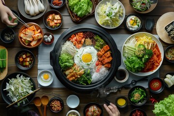 Korean foods served on a dining table. Perfect for photo illustration, article, or any cooking contents - generative ai