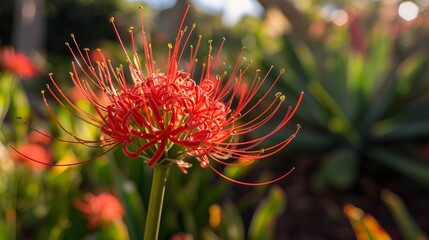 A red flower with intricate twining petals photographed in vibrant sunlight, standing out vividly against the blurred green backdrop which enhances the focal intensity.